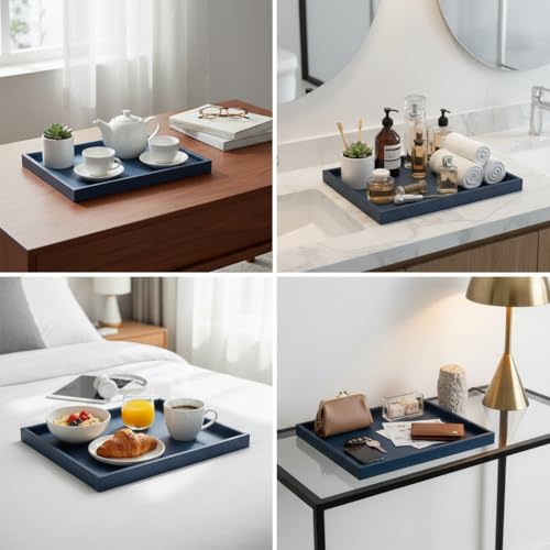 25 * 15 Inch Rectangular Ottoman Tray | Textured PU Leather, Waterproof & Heat-Resistant Storage for Coffee/Dining Tables, Sofa, Bed, Entertainment & Party (Navy Blue, 25 * 15in) - color: Navy Blue, size: 25" x 15" x 1.5"