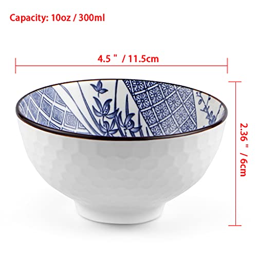 Ceramic Rice Bowls 10 oz, Japanese Style Bowl Gift Set, Assorted Dinnerware Serving Bowls for Cereal, Soup, Dessert, Snack, Fruit, Salsa, Pack of 6 (Blue and White) - color: Blue and White, size: 6 Pack