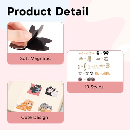 10 Pcs Cat Bookmark, Set, Cute Magnetic Bookmarks and Cat Magnetic Bookmarks with 180 Cat Paw Index Sticky Notes, Fun Reading Accessories for Book Lovers