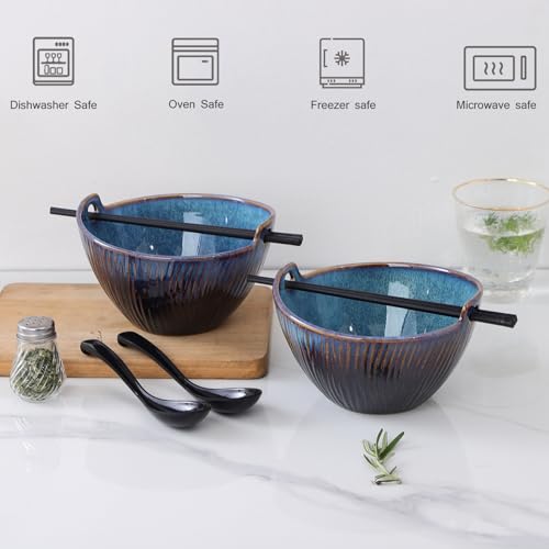 Ceramic Ramen Bowl with Chopsticks and Spoons Set, 6.7 Inch Noodle Bowl Set for Pho Udon Soba, Set of 2 (Sky Blue) - color: Sky Blue