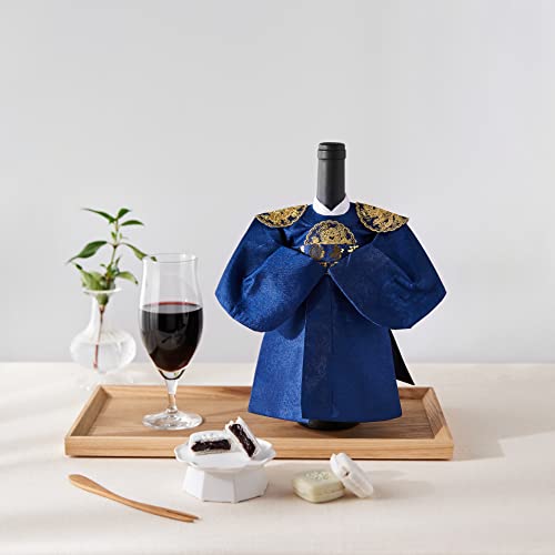Korean Traditional Clothes HANBOK Wine Bottle Cover Housewarming Gifts,First New Home House Homeowner Gifts (King-navy)