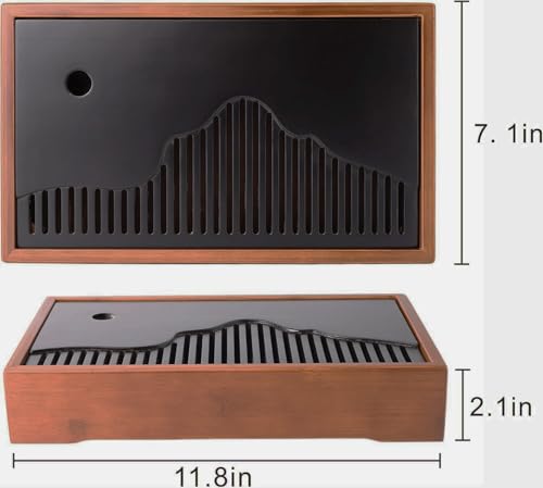 Bamboo Tea Tray & Table Set - Chinese Gongfu Tea Serving Tray with Tea Brush, Compact & Portable (11.8 Inch) - color: Black Brown
