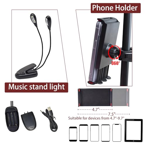 Sheet Music Stand with Light & Phone Holder, 57" Music Stand for Sheet Music High Stability, Height Adjustable Music Sheet Stand with Carrying Bag, Portable Music Book Holder (33-57inch) - size: 33-57inch