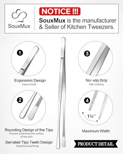 2 Pcs 10-inch Cooking Tweezers Tongs Precision Serrated Tips, Stainless Steel Professional Chef Tweezer Kitchen Tools for BBQ, Plating and Serving (Silver) - color: Silver, size: 10inch