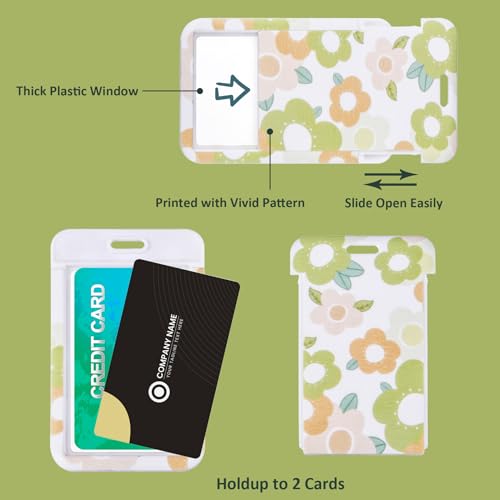 ID Card Badge Holder Key Chain with Metal Keyring, Plastic Slide Open with ID Window for Women Men Girls Students,Flowers - color: Green Orange Flower