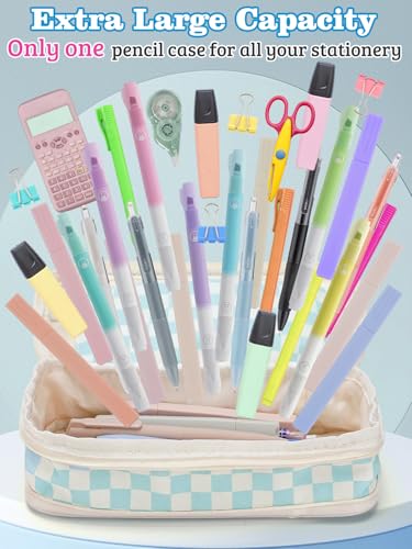 Bigmeta Gingham Expandable Pencil Case for Teens Girls - Light Blue - color: Light Blue