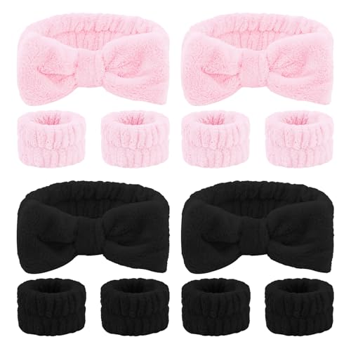 CIEHER 12 PCS Black & Pink Makeup Headband for Women Wrist Washband Scrunchies Cuffs for Washing Face, Soft Bow Hair Band Matching Wristbands - color: Black, Pink