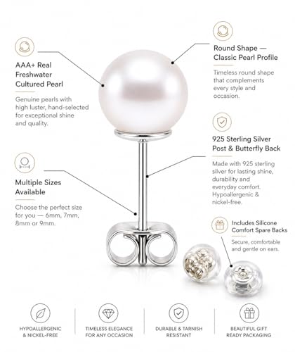 Real Freshwater Pearl Stud Earrings for Women, Hypoallergenic - color: Rhodium Plated, size: 9.0-9.5mm