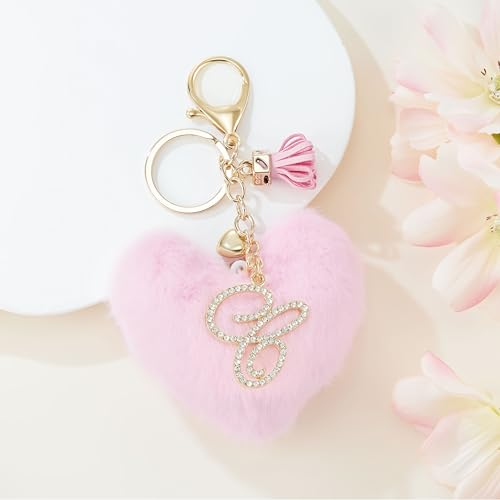 Initial Letter Heart Pom Pom Keychain for Women Pink Soft Fluffy Ball Key Ring for Purse Backpack Handbag - color: C