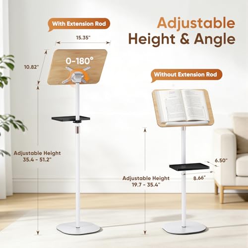 2 in 1 Adjustable Floor Book Stand & Music Stand with Removable Tray, 19.7" to 51.2" Foldable Reading Book Holder with Page Clips for Laptop, Cookbooks, Sheet Music, Wooden Podium Stand for Projector - color: White