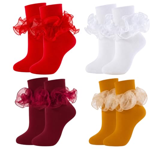 Big Ruffle Socks Women(Size 5-11) Turn Cuff Cotton Lace Frilly Socks - color: White,red,wine Red,yellow, size: 9-11