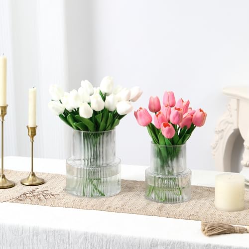 Ribbed Glass Vases for Bouquet, Set of 2 Fluted Vases for Flowers, Clear Vase for Tulips, Modern Glass Vase for Living Room, Office, Coffe Table, Dining Table, Shelf, Wedding - color: Clear, size: Large+Medium