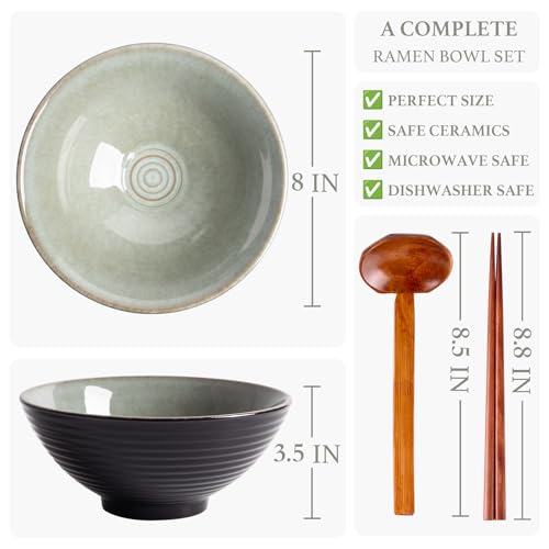 40oz Japanese Ceramic Ramen Bowl Set of 2 with Chopsticks and Spoons for Pho Udon Asian Soup Noodles (Grayish Green) - color: Grayish Green