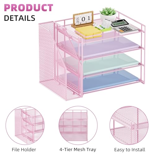Marbrasse 4-Tier Paper Tray Organizer with File Holder, Pink - color: Pink