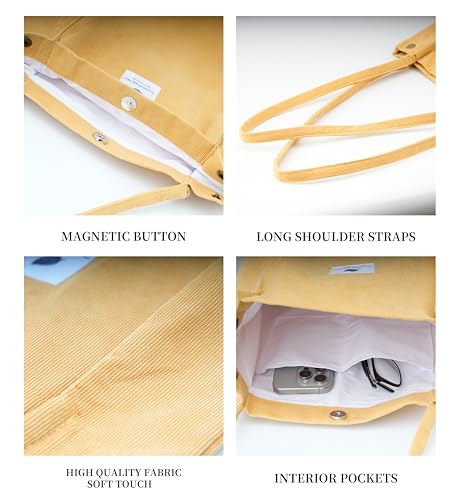 Corduroy Tote Bag Cute Tote Bags for Women Shoulder Bag with Inner Pocket for Work Beach Travel and Shopping Grocery - style: Light Yellow