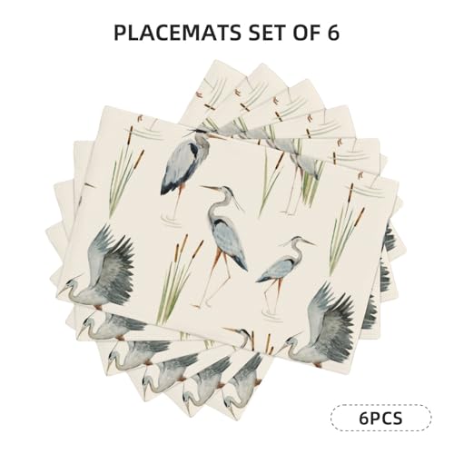 Grey Heron Blue Birds Floral Placemats Set of 6 12x18 Inch - color: Beige Blue, size: Set of 6