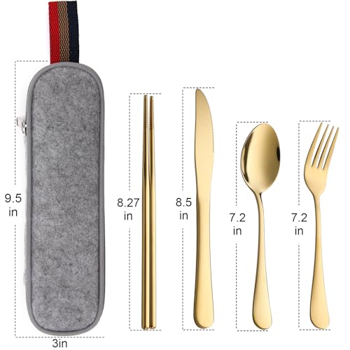 DEVICO Travel Utensils with Case, 5 Piece Portable Silverware Set for Work - color: Gold