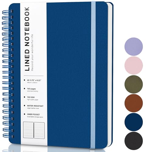 Lined Spiral Journal Notebook, A5 Hardcover Leather Notebook for Work, 5.7''×8.2'', 100GSM Thick Paper Spiral Bound Journaling Notebooks for Women & Men Office School Note Taking Business, Blue - color: Blue, size: A5
