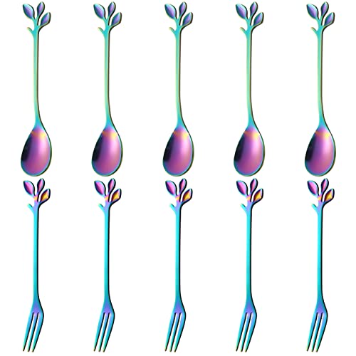 AnSaw 10-Pc Rainbow Mini Spoons & Forks Set, 4.7" - Leaf Handle - color: Rainbow