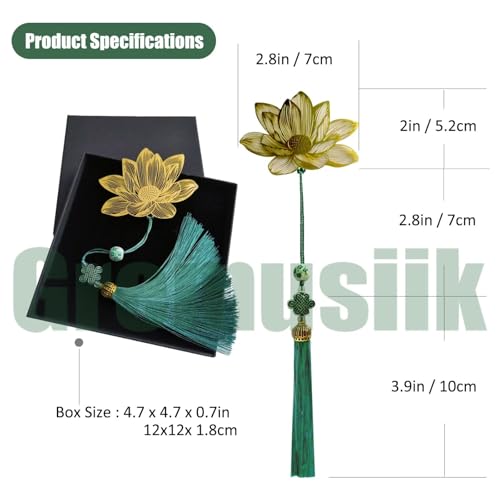 Chinese Metal Bookmarks with Tassels Golden Brass Lotus Flower Bookmark for Women Book Lovers Reader or Librarian - color: Green