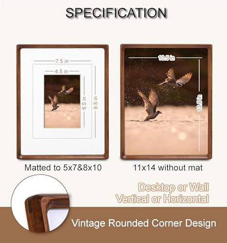 11x14 Picture Frame, USA-Sourced Natural Walnut Wood with Real Glass, Handcrafted Rounded Corners, Matted to 8x10/5x7 Photos, Gallery Wall Poster Frame and Tabletop Display - color: Walnut, size: 11x14