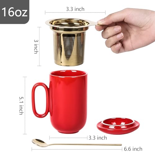 vicrays Ceramic Tea Mug Infuser - Large Cup 16 oz Hot Loose Steeping Handle Teacup with Leaf Infuser Spoon Lid - Tall Glazed Strainer Coffee Mug Microwave Safe - Red - color: Scarlet Red