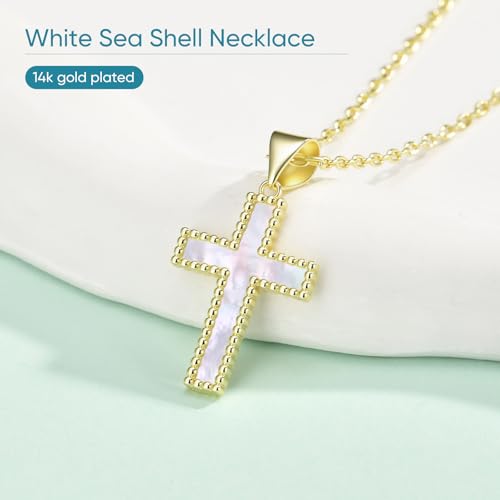 Mother of Pearl Cross Necklace for Women, 14K Gold Plated Christian Jewelry