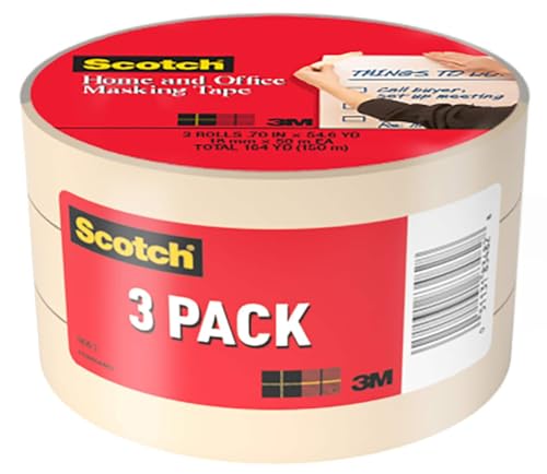 Scotch Masking Tape, 0.70 in x 54.6 yd, Great for Everyday Use, Strong Adhesive, Tan Masking Tape (3436-3), 3 Rolls (Pack of 3) - size: 3 Rolls (Pack of 3)