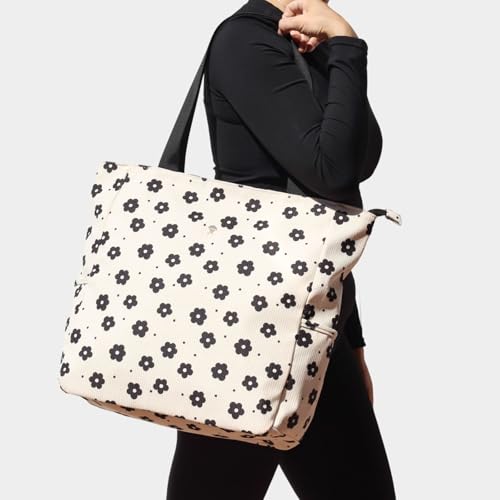 ESVAN Original Floral Water Resistant Large Tote Bag Shoulder Bag for Gym Beach Travel Daily Bags Upgraded - color: Corduroy Black Flower