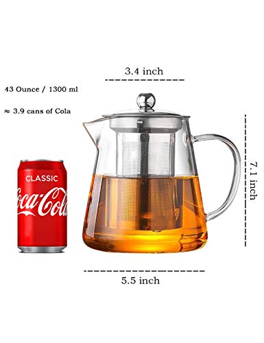 TMOST Glass Teapot with Infuser Tea Pot 1300ml/43oz Tea Kettle Stovetop Safe Blooming and Loose Leaf Tea Maker Set (43oz/ 1300ml) - size: 43 fl oz