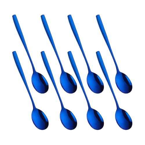 Metal Round Spoons, 8 inch Stainless Steel Reusable Long Handle Korean Soup Spoons, Table Dinner Desert Spoon Set of 8 (Blue) - size: Blue