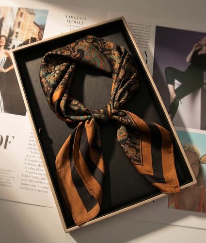 corciova Women’s Square Scarf 27.5 in (70 x 70 cm), Satin-Feel Polyester, Lightweight Fashion Scarf for Hair, Neck and Bag - color: Paisley Floral (Brown / Teal / Black)