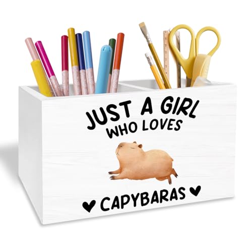 Funny Capybara Pen Holder for Desk, Capybara Lover Gifts Pencil Organizer, Just a Girl Who Loves Capybaras Wooden Box Sign Desk Decor for Home Office Decoration - color: CAPYBARAS