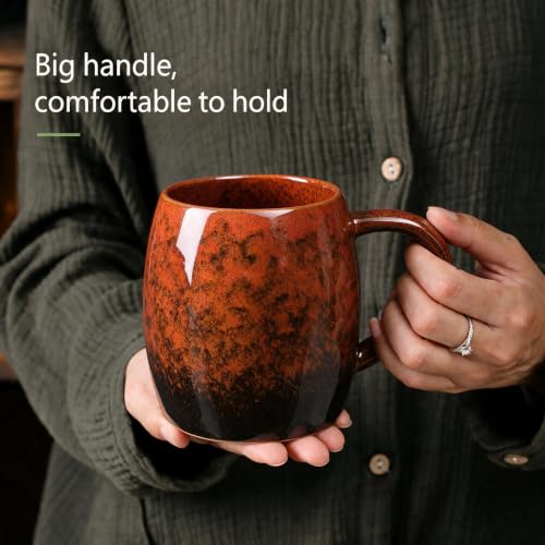 21oz Large Handmade ceramic Mug, Big Ceramic Tea Cup, Durable and Heavy Microwave and Dishwasher Safe Pottery Coffee Mug with Handle, Reactive Glaze Stoneware Clay coffee mug (Reddish Orange) - color: Reddish Orange