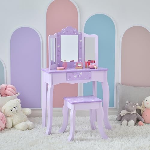 Teamson Kids Classic Hearts Prints Gisele Wood Play Vanity Set, Purple - color: Purple