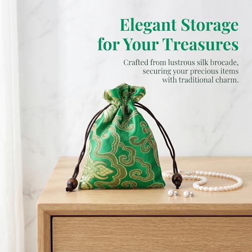 Kisangel Drawstring Jewelry Pouch Bag, Traditional Chinese Embroidery Jewelry Bag Silk Brocade Storage for Weddings Coin Purse Organizer Accessories - color: Green