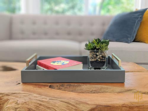 Decorative Coffee Table Tray - Ottoman Tray - Breakfast, Drinks, Liquor Serving Tray - from Farmhouse to Modern - Matte Finish - Brushed Champagne Gold Handles - Charcoal - color: Charcoal
