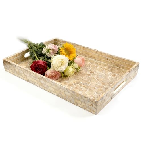 Rectangular Mother of Pearl Serving Tray, Handmade Ottoman Decorative Shell Tray with Handles for Fruit Bread Tea Breakfast Coffee Table Party Home Decor (Gold Mosaic) - color: Gold Mosaic