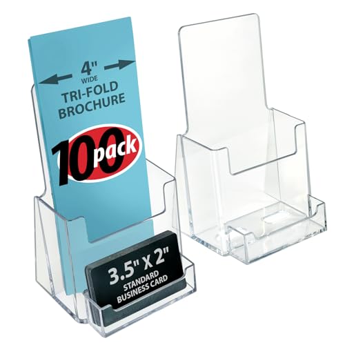 Azar Displays, 252922-100PK, Counter Trifold Brochure Holder with Horizontal Business Card Holder, Brochure Display Stand with Gift Card Pocket Flyer Holder Clear Card Display for Literature, 100-Pack - size: 100-Pack, style: Business Card Pocket