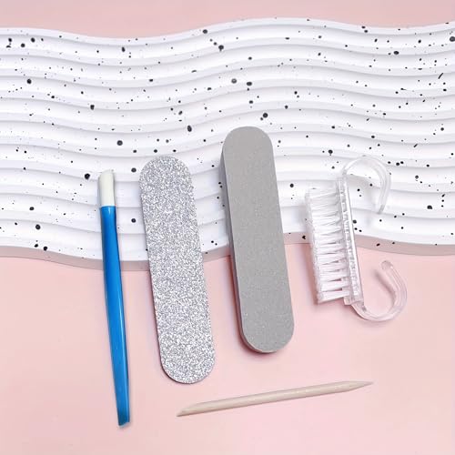 5PCS Nail Care Kit with Mini Nail File, Cuticle Pusher & Nail Cleaning Tools, Portable Manicure & Pedicure Set, Pink or Gray (PINK)