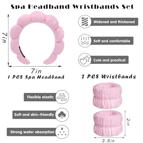 Tetizo Spa Headbands for Washing Face Wristband Set Sponge Makeup Skincare Headband Wrist Towels Bubble Soft Terry Towel Cloth Hairband for Women Puffy Headwear Non Slip Thick Hair Headwear (Pink) - color: Pink