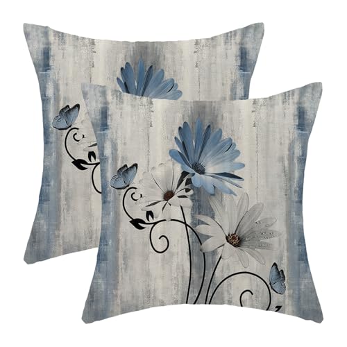 Spring Pillow Covers 18x18 Pack of 2 Blue Daisy Floral Throw Pillow Covers Outdoor Decoration Vintage Summer Flower Decor Pillowcase Farmhouse Decorative Linen Cushion Case for Couch Sofa - color: Blue Daisy, size: 18" x 18" (Pack of 2)