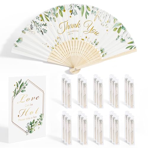 Aneco 30 Sets Green Leaves Wedding Folding Fans, Bamboo Handheld Folding Fans with Organza Bags Table Sign, Thank You Vintage Silk Handheld Fan for Bridal Shower Wedding Party Decorations - color: Green Leaves