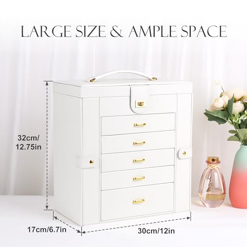 Kendal Extra Large Jewelry Box Jewelry Case PU Leather 6 Tier 5 Drawers Large Storage Capacity with Mirror Jewelry Storage Organizer Great Gift Also Good For Watches LJC-SHD5CM(White) - color: White, size: Extra-Large(12.7"x12"x6.7")