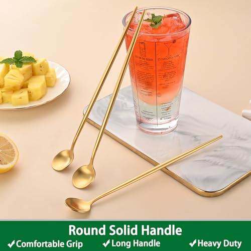 DEHOV Satin Gold 9 Inches Latte Spoon,4 Pieces Stainless Steel 18/10 Iced Tea Spoons Set,Solid Round Handle Coffee Stirring Spoon,Durable Dishwasher Safe Long Handle Sundae Ice Cream Spoons - color: Gold, size: 9 Inch