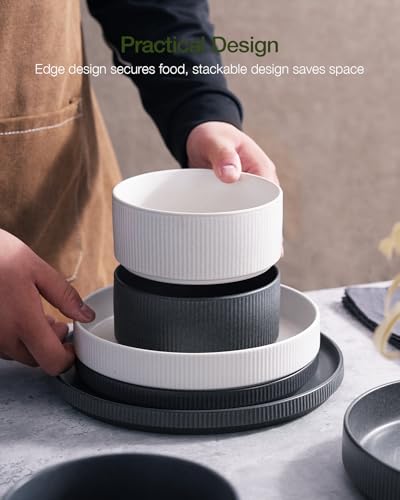 Famiware Star Stoneware Dinnerware Sets for 8, Reactive Glaze Plates, Bowls - color: Matte White & Charcoal