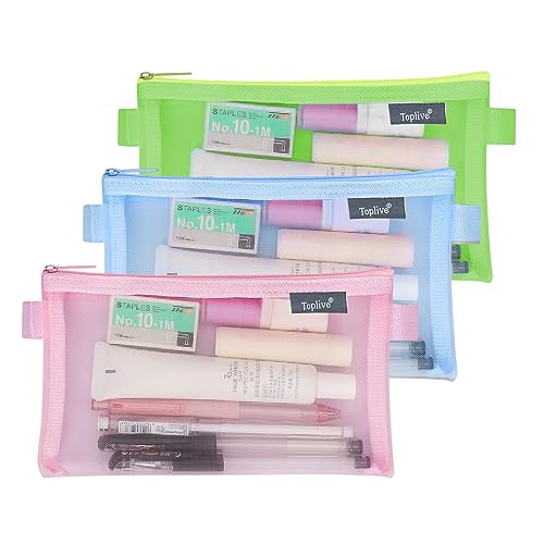 Toplive 3 Pieces Pencil Case Set, Clear Exam Pencil Pouch, Nylon Mesh Zipper Pen Case Bag, Makeup Bag for Women, Portable Office School Stationery Storage Pouch for Students Adults, Green Pink Blue