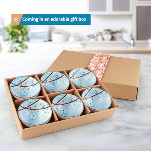 Ceramic Rice Bowls 10 oz, Sakura Bowl Gift Set, Dinnerware Serving Bowls for Rice, Cereal, Noodle, Soup, Desserts, Pack of 6 (Blue) - color: Blue