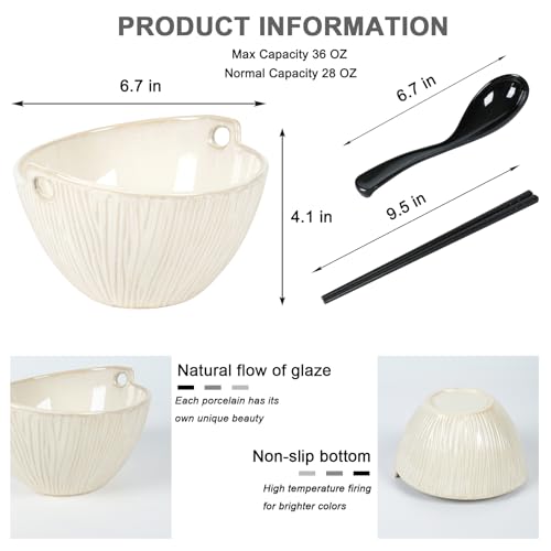 Ceramic Ramen Bowl with Chopsticks,6.7 Inch Noodle Bowls,Pho Bowls and Spoons Set,Japanese Bowl for Pho,Udon,Soba,Noodle,Microwave Safe,Set of 2 (Retro White) - color: Retro White