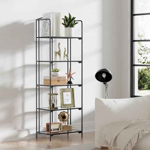 Crofy 5-Tier Foldable Bookshelf, Black Frame & Transparent Shelves - color: Black Frame & Transparent Shelf, size: 5 Tier